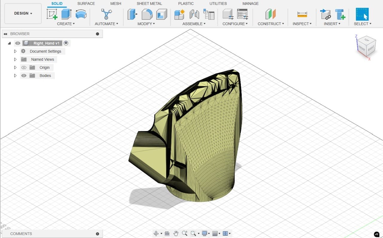 Fusion 360 model of the right-hand palm shell, mesh view, named Right_Hand v1