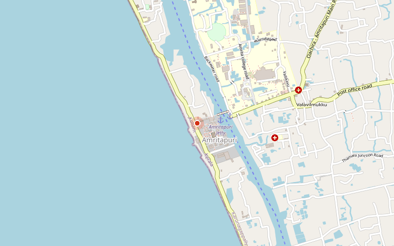 Map of the Amrita Amritapuri campus at Vallikavu on the Kerala backwater, with the location marked