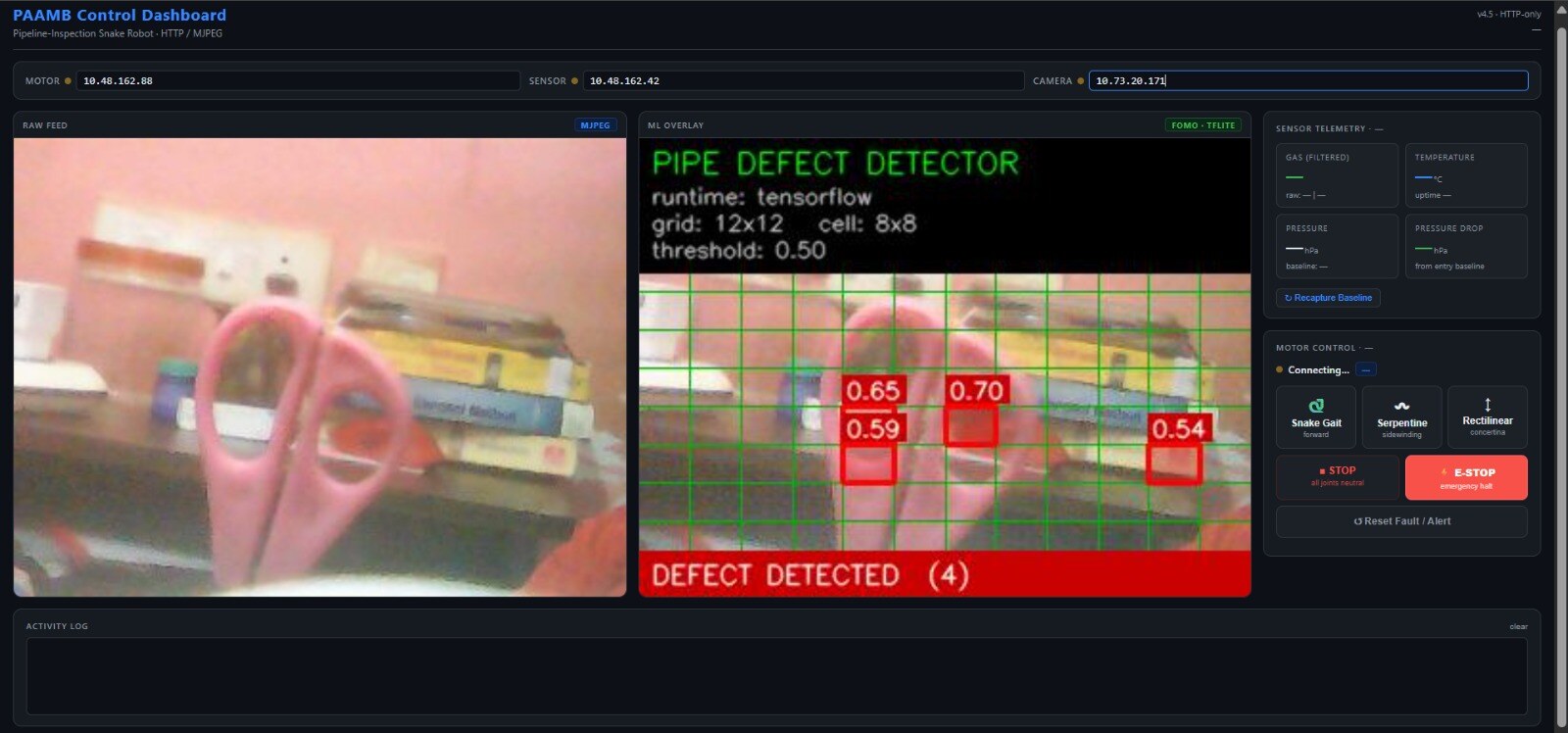 PAAMB Flask control dashboard: raw MJPEG feed beside the ML overlay showing a green detection grid and a DEFECT DETECTED banner, with sensor telemetry and gait controls