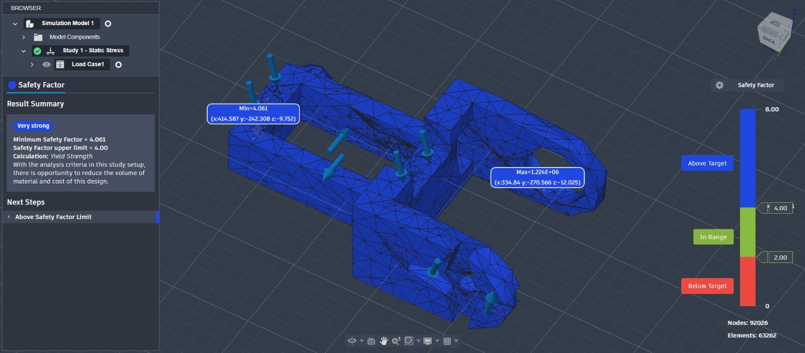 Fusion 360 static stress study of a snake joint bracket with the safety-factor scale visible